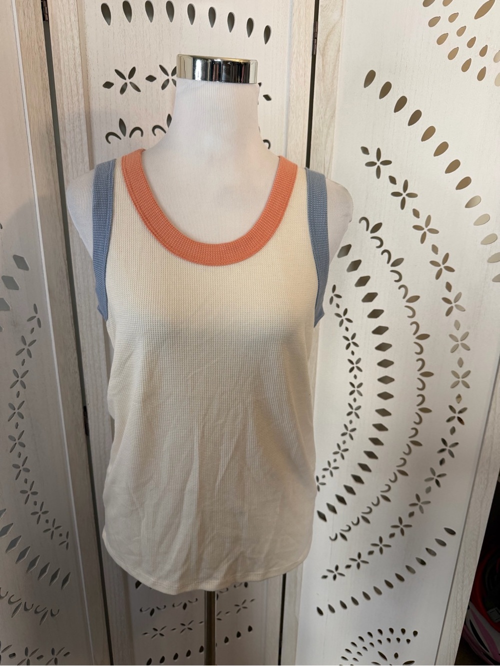 Cream Knit Tank Top with Coral Trim and Blue Straps